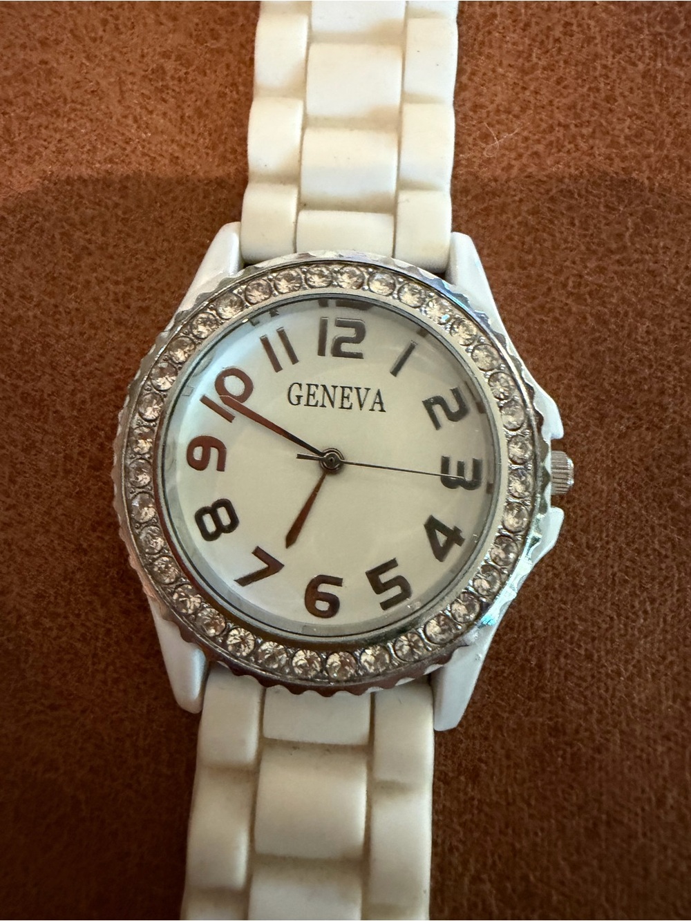 Geneva Platinum Women's Watch - All White Silicone Band & Dial, Rhinestone Bezel
